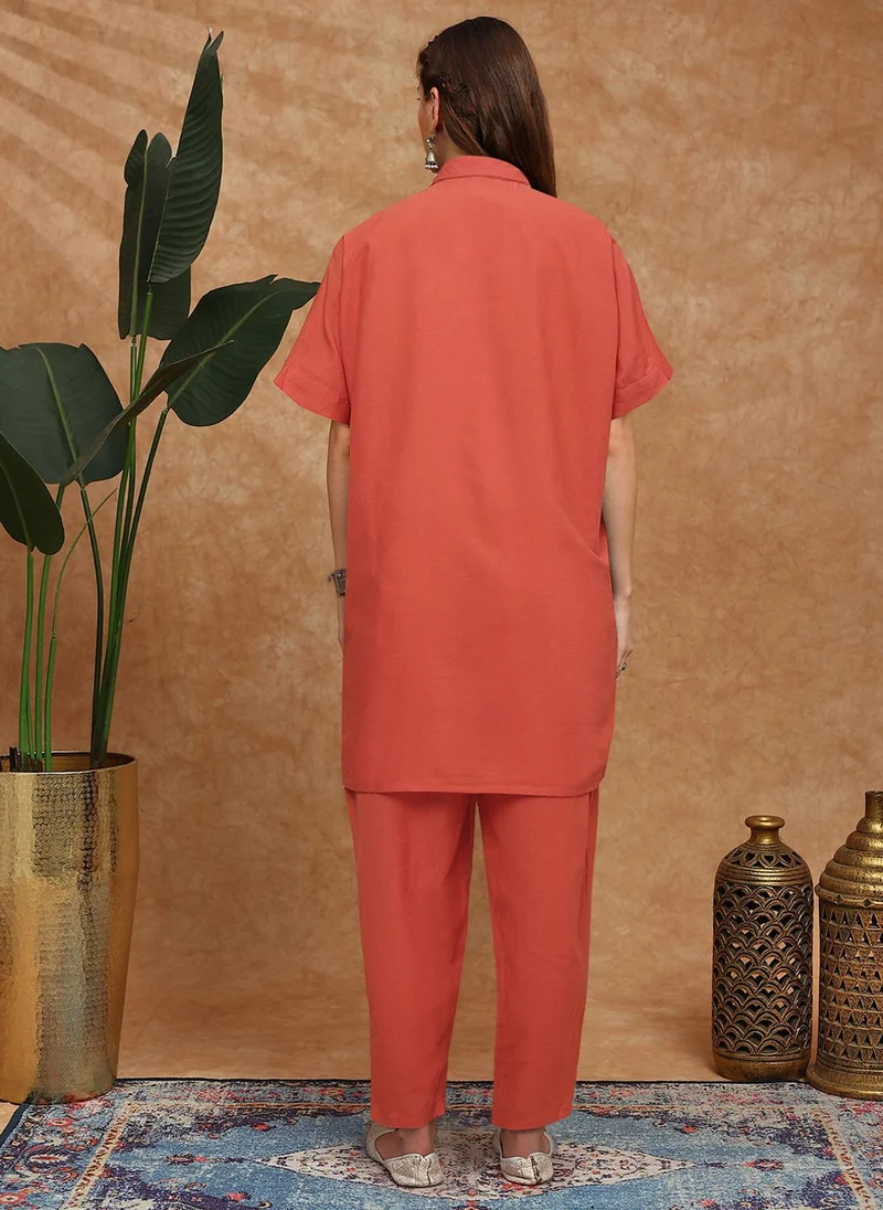 globus Orange Globus Women Orange Shirt Collar Extended Sleeves Floral Embroidered Straight Kurta With Pants Fusion Set for Women | Best Price UAE